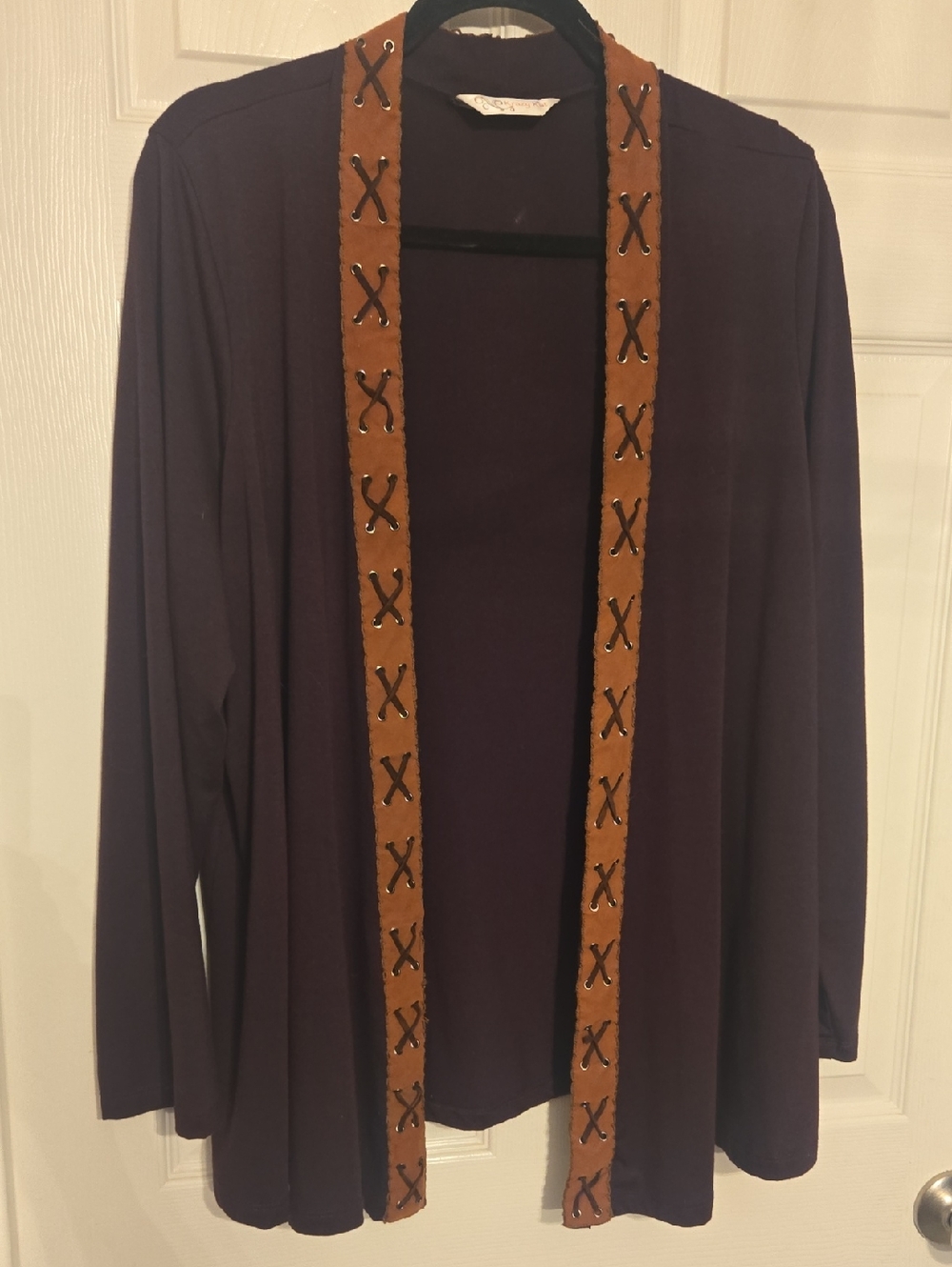 Krazy Kat Brown Cardigan with Tan Suede Trim Lacing